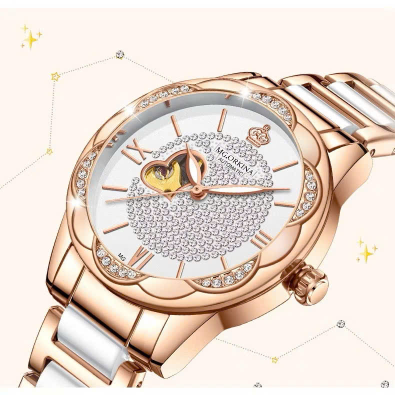 M4 - Đồng Hồ Cơ Tự Động Nữ Mg.orkina MG129 Cao Cấp Chống Nước Hình Trái Tim Đính Đá Mẫu Mới Năm 2023